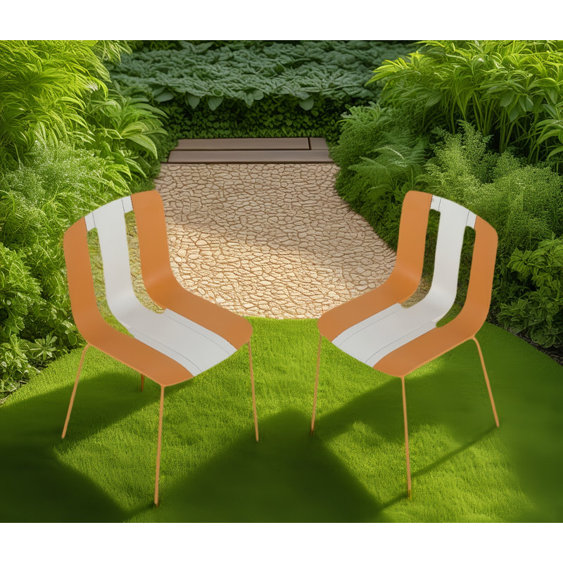 4-Pack Modern Striped Color Block Chairs, Pp Plastic Seat & Sturdy Metal Legs, Orange/White