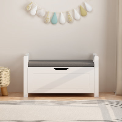 Kids Toy Box Chest, White Toy Box For Boys Girls, Large Storage Cabinet With Cushion Seat Bench/Flip-Top Lid/Safety Hinge, Toy Storage Organizer Trunk For Nursery, Playroom