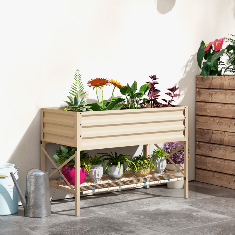 Lit de jardin surélevé avec structure en acier galvanisé, tablette de rangement et doublure de lit, jardinière surélevée avec pieds pour légumes, fleurs, herbes, crème
