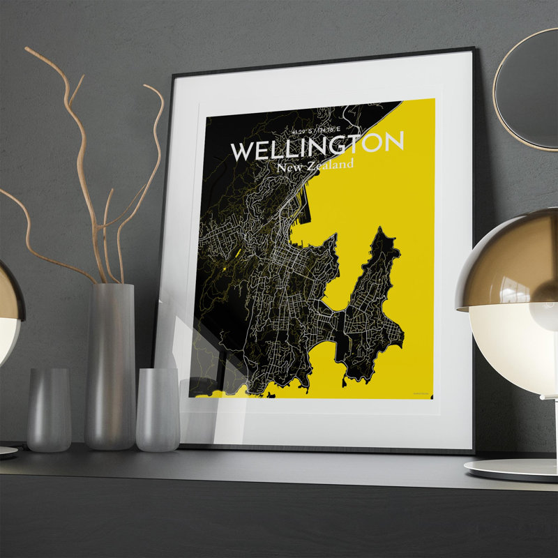 Wellington, carte de la ville, impression, Noir / Jaune, H 20 po x l 16 po