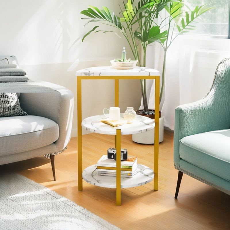 Living Room 3-tier Coffee Storage Shelves, Modern Coffee Side Table With Mdf Broad & Metal Frame, Industrial Faux Marble End Table For Bedroom, Living Room, Dining Room, White