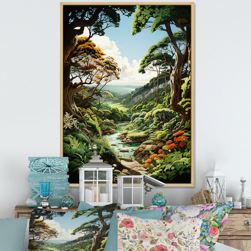 «River Into Enchanted Woods II», reproduction sur toile, Cadre naturel flottant, H 20 po x l 12 po