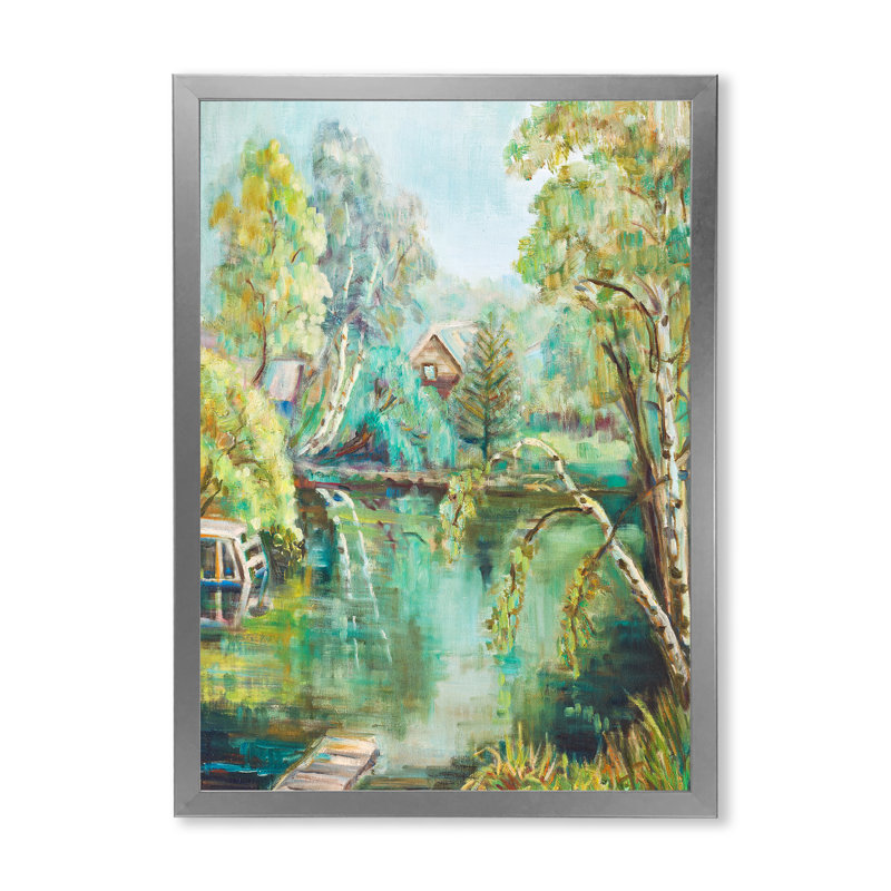 Étang vert en été - Peinture sur toile, H 32 po x l 16 po, Toile argentée avec cadre d'angle fermé