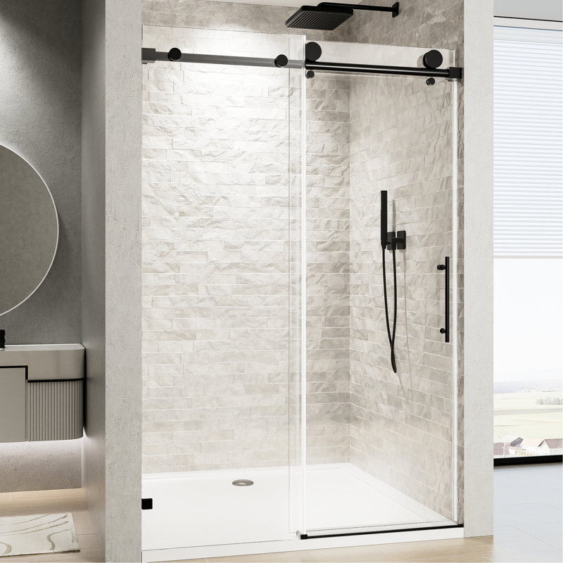 Porte de douche coulissante simple noire matte à fermeture en douceur l 60 po x H 76 po avec verre trempé transparent de 5/16 po (8 mm), poignée en acier inoxydable, tampon pour un mouvement fluide, fonction hydrofuge, salle de bain réglable