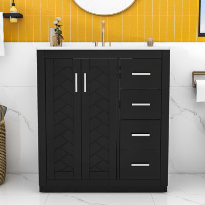 Ensemble de meuble-lavabo en bois avec plateau en céramique, 3 tiroirs de rangement et portes d'armoire à fermeture en douceur