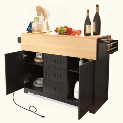 55.7'' Large Kitchen Island With 2 Drop Leaf,, Rolling Kitchen Cart On 5 Wheels With Power Outlet, Folding Storage Dining Table With Spice  Towel Rac