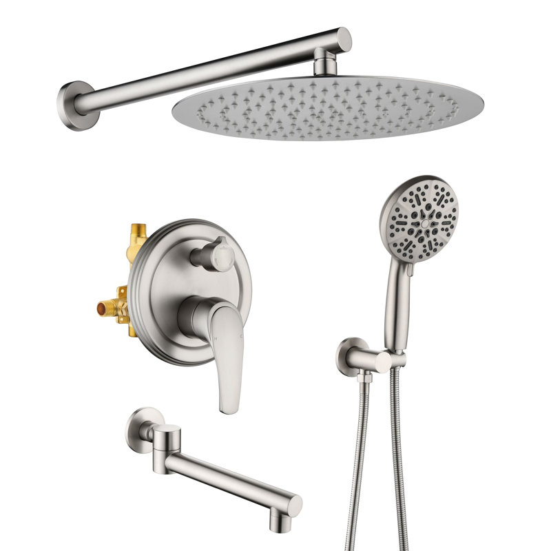 Wall Mounted Tub Shower System With Handheld Shower Single Handle Shower Faucet Set 12 Inch Brass Shower Trim Kit With Rough-In Valve