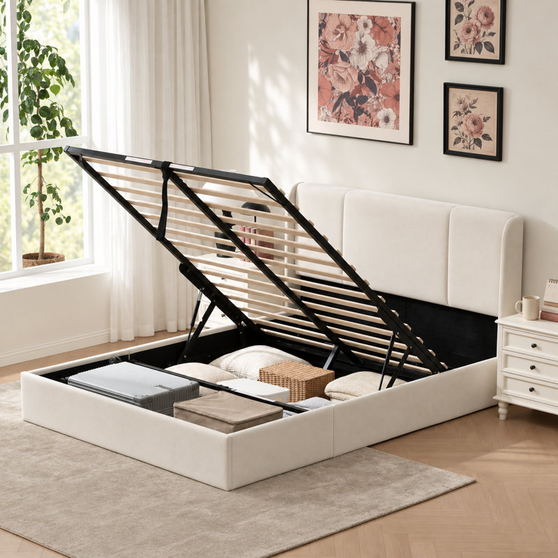 Lit coffre relevable capitonné, taupe, Queen, Grand lit, Dark Taupe