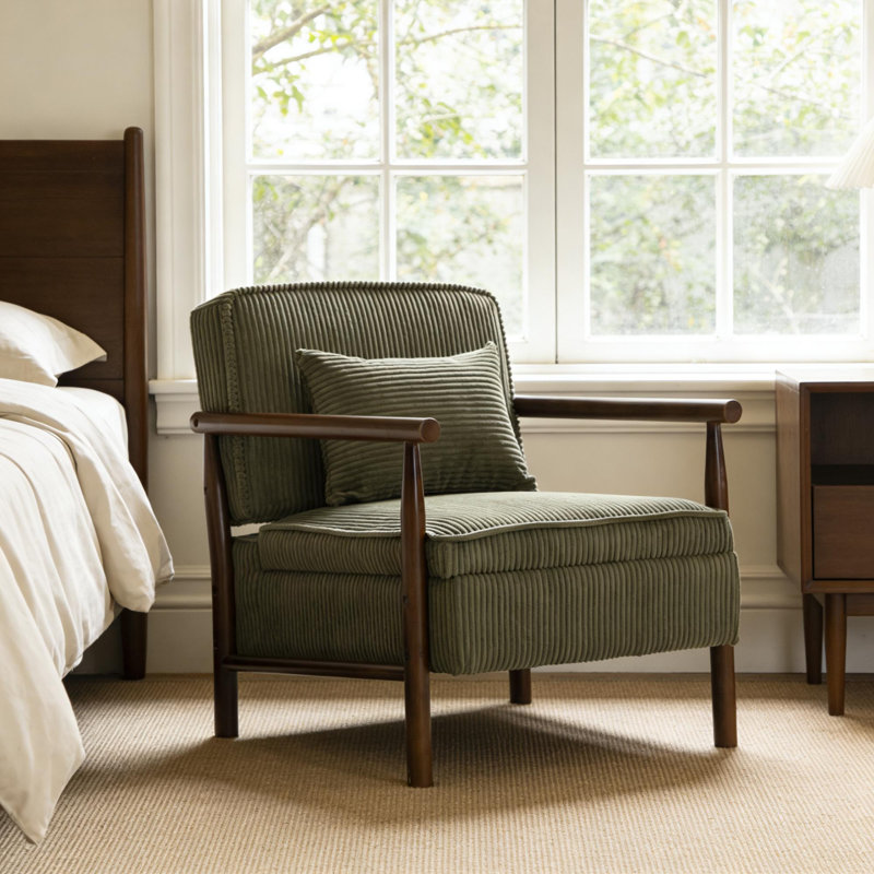 Mid-Century Modern Upholstered Accent Chair With Solid Wood Frame, Lounge Chair With Lumbar Pillow & Storage Seat, Dark Brown