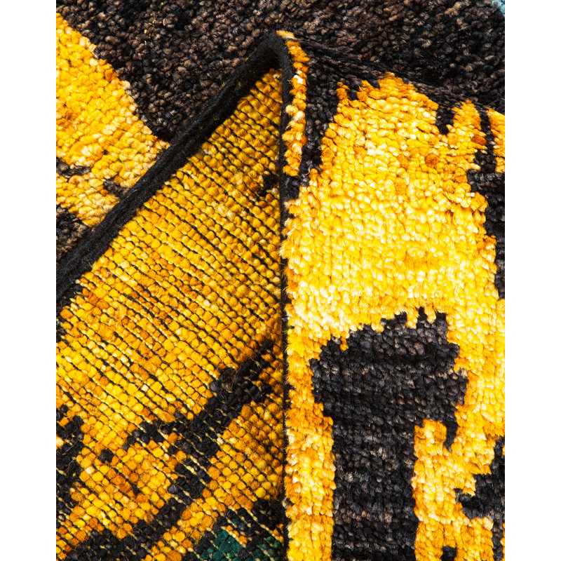Tapis noir / vert / jaune / bleu noué à la main de conception unique 5 pi 1 po x 7 pi 10 po Urbo