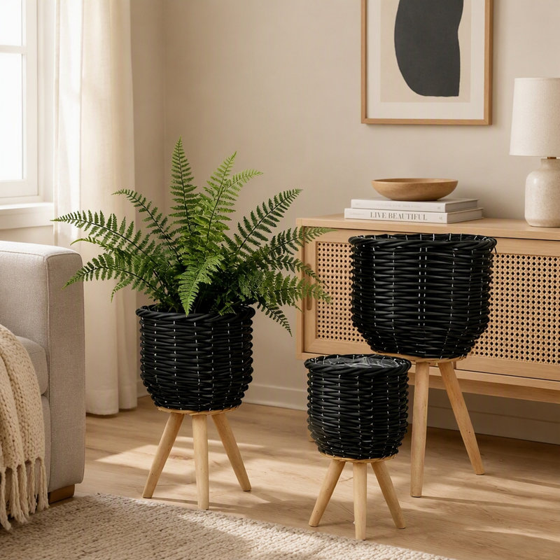 Ensemble de 3 paniers en rotin de polyester avec texture de corde et pieds fuselés en bois