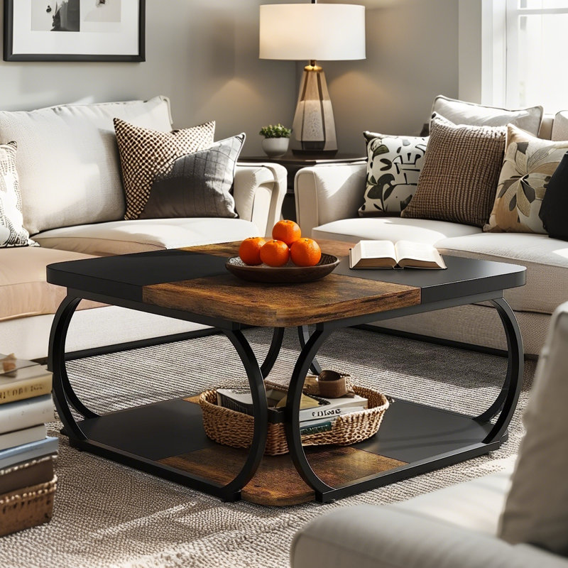 Square Coffee Table, 39.4" Central Cocktail Table with 2-Tier Shelves for Living Room, Brown/Black