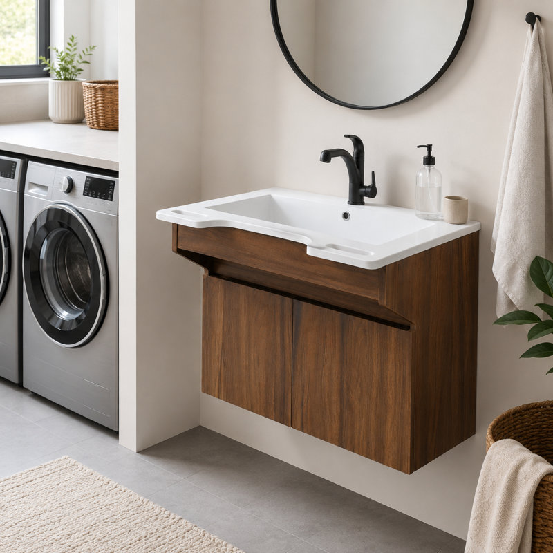 Meuble-lavabo simple 24 po avec lavabo en résine et poignées latérales ADA, noyer, Noyer, 24