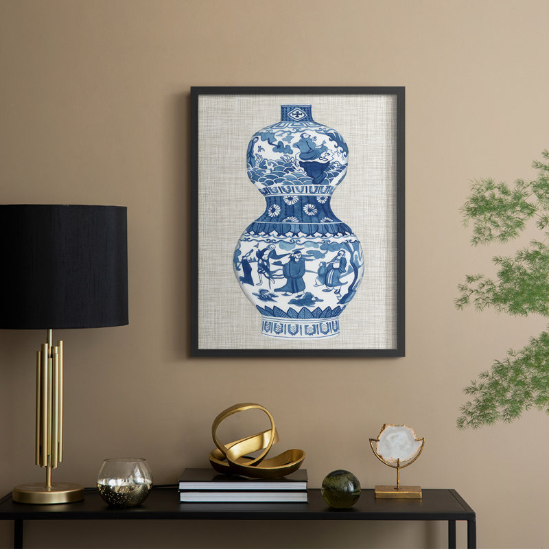 «Ming Vase on Linen IV», reproduction encadrée - bois massif, H 15 po x l 12 po, Noir, noir, noir, noir