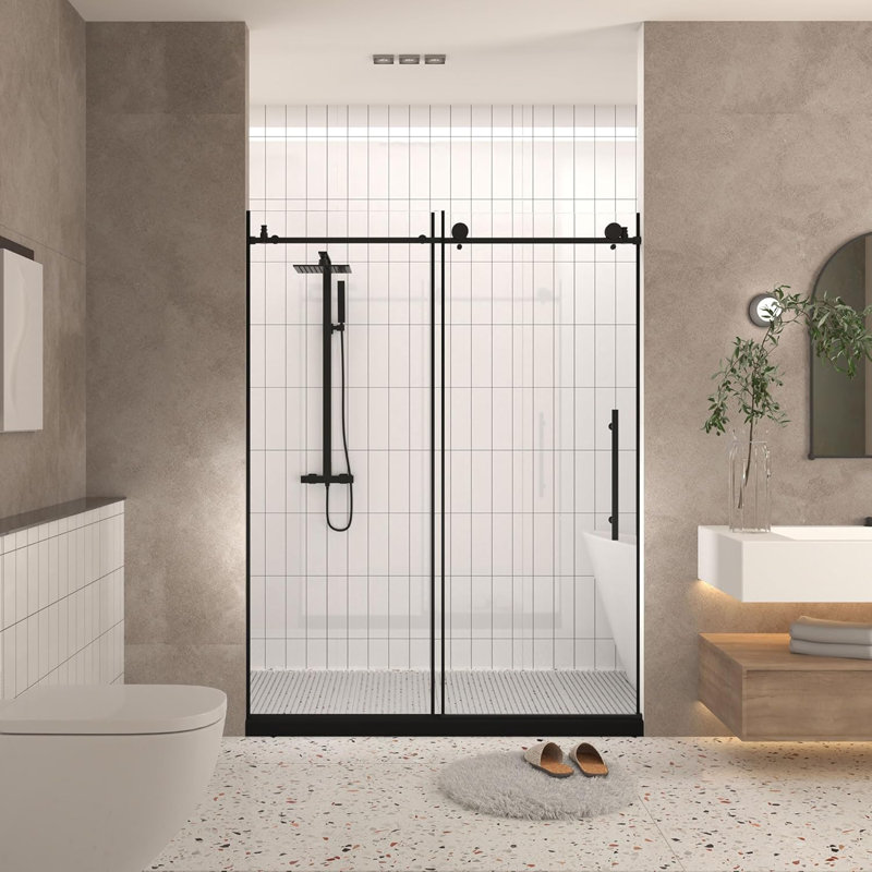 Frameless Shower Door 56-60 "w X 76" H, 1/4 "(6 Mm) Clear Tempered Glass, Explosion Proof Film, Stainless Steel Handle, Matte Black