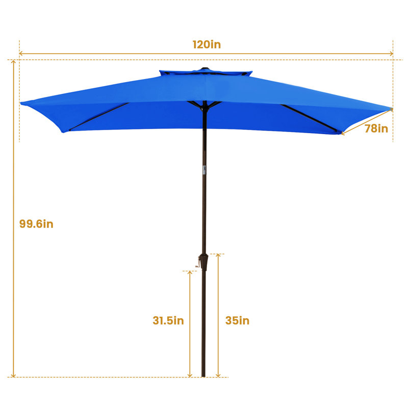 Parasol de marché rectangulaire inclinable 10 pi x 6 pi 5 po Le, Bleu