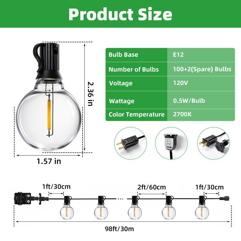 197FT Outdoor G40 LED Globe String Lights Waterproof Light Strings With 102 Shatterproof Bulbs, Outside Hanging Light For Porch, Deck, Garden, Backyard, Balcony, 2700K Patio Lights