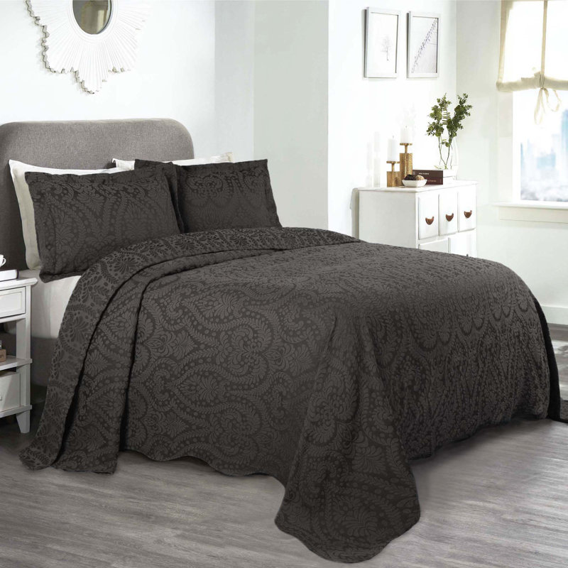 Aspen Floral Scalloped Edge Cotton Blend Coverlet / Bedspread with Sham Set, Charcoal, Full