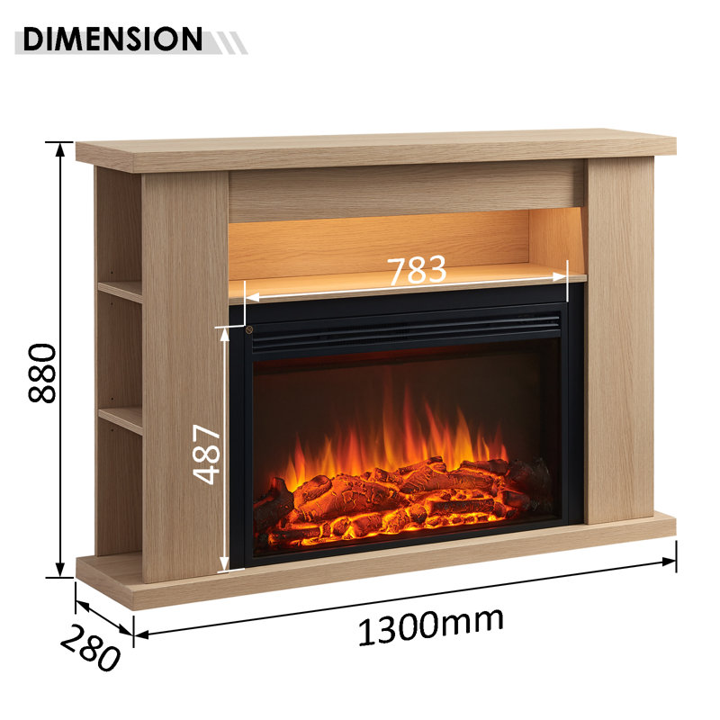LIPSON FLAMME Electric Fireplace, 88cm H x 130cm W x 28cm D, Natual Oak