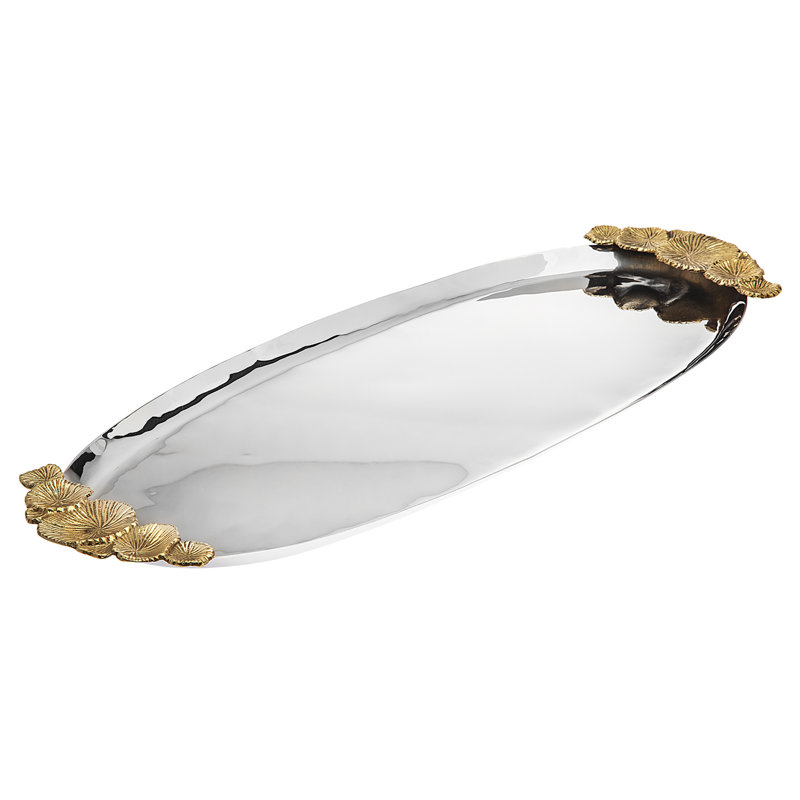 Stainless Steel Oval Tray with Gold Floral Handles