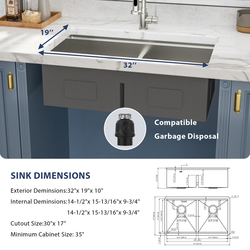 32 x19 Inch Undermount Stainless Steel Workstation Kitchen Sink