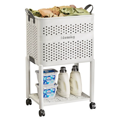Panier à linge sur roulettes, panier à linge en plastique à double couche, boîte de rangement pour vêtements sales ventilée de grande capacité, avec poignée, convient aux salles de bain et aux salles de lavage