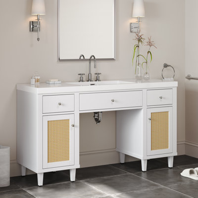 60 Inch Bathroom Vanity With SMC Sink, Modern Spacious Bathroom Storage Cabinet，Solid Wood Legs