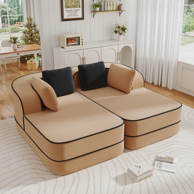 77inch Teddy Fabric Indoor Chaise Lounge, No Assembly, Modern Toffee Brown Lounger with Double Chaises and Contrast Piping