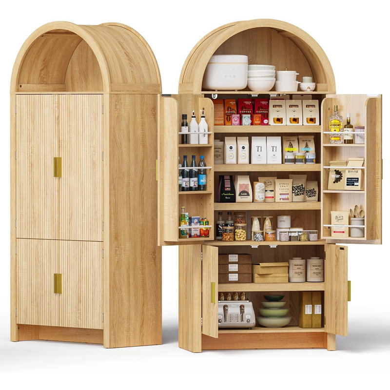 71" Arched Kitchen Pantry Cabinet, Tall Arched Fluted Storage Cabinet Pantry With Doors And Adjustable Shelves, Wood