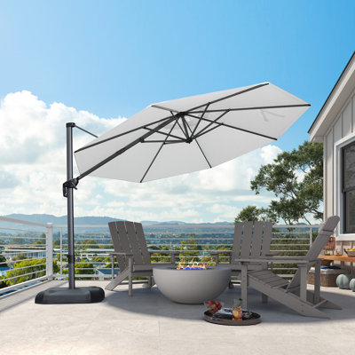 11 Feet Patio White Umbrella with Base Outdoor Cantilever Round Umbrella Aluminum Offset White Umbrella with Base and 360-degree Rotation