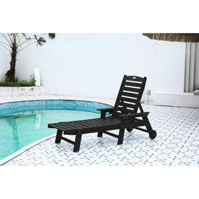 Outdoor Lounge Chair With 5 Adjustable Positions, Wheels, Cup Holder, Black For Deck, Pool, Outdoor, Garden Patio Wheels & Patio,
