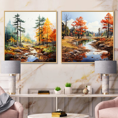 «Yellow River and Autumn Autumn Tranquility I - Forest River», ensemble de 2 reproductions d'art sur toile