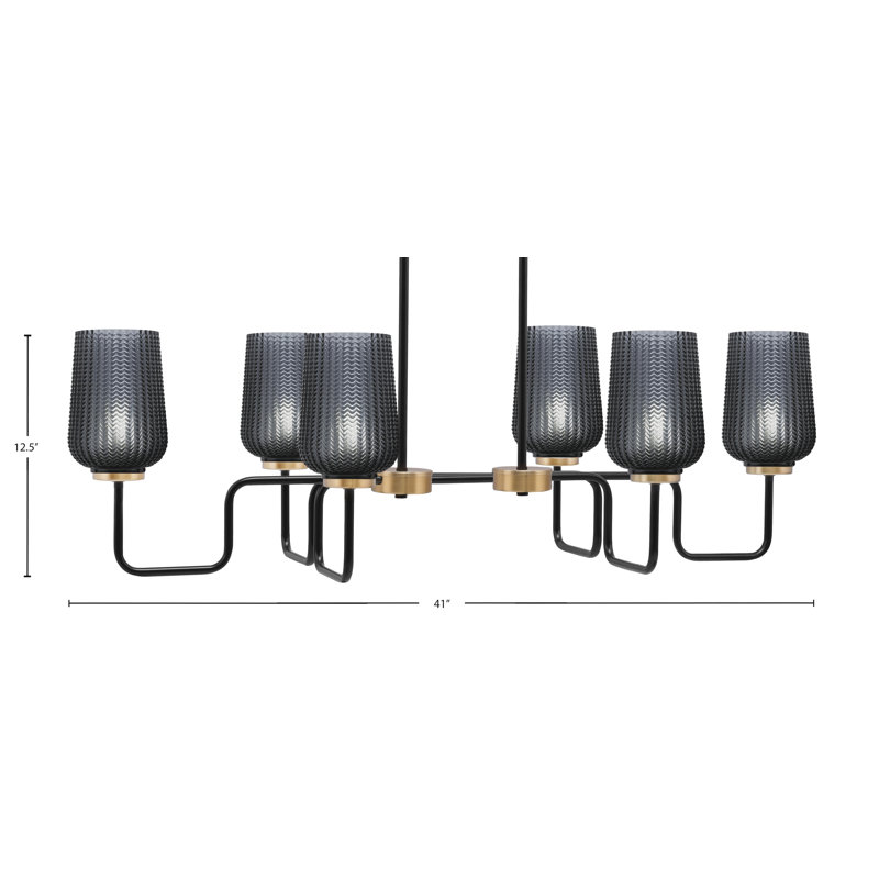 Luminaire îlot 6 lumières Amarmula, noir mat et laiton vieilli, verre texturé fumé 5 po, Transparent/noir, Noir/laiton