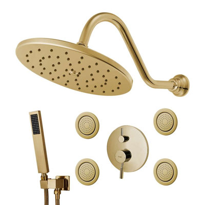 Bravat FS1079J Brushed Gold Wall Mount Thermostatic Shower Set with 3 Way Concealed Mixer