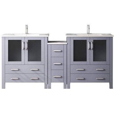72 In. W Dark Grey Double Bath Vanity With Side Cabinet, White Ceramic Top, Faucet , Soft Close, 2 Interior Cabinets, 7 Drawers, Scratch & Stain Countertop, Stainless Steel Single Hole Bathroom Wide