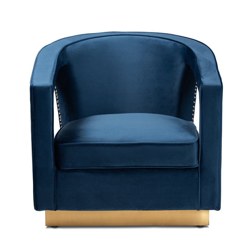 Neville Navy Blue Velvet Barrel Accent Chair with Gold Base