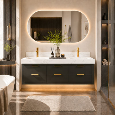 Melora 60" Wall Mounted Double Bathroom Vanity with LED Light, Engineered Stone Countertop, Solid Wood & Plywood Construction, 6 Soft Close Drawers, Modern Floating Vanity