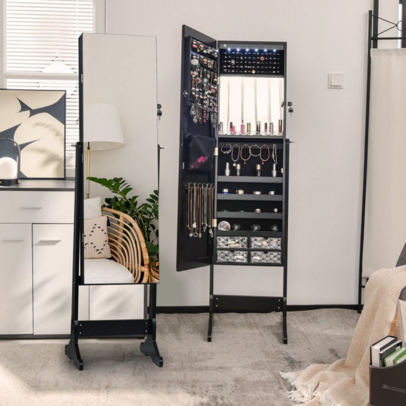Armoire pour bijoux autoportante pleine grandeur avec lumières, Noir
