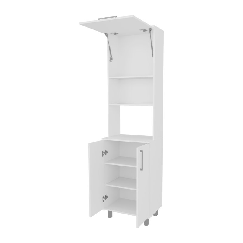 Grand garde-manger avec portes basculantes pneumatiques et tablette ouverte pour micro-ondes, finition en mélamine blanche, rangement moderne pour la salle à manger