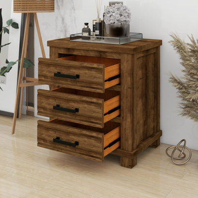 Vintage Rustic Wood Farmhouse Nightstand with 3 Drawers
