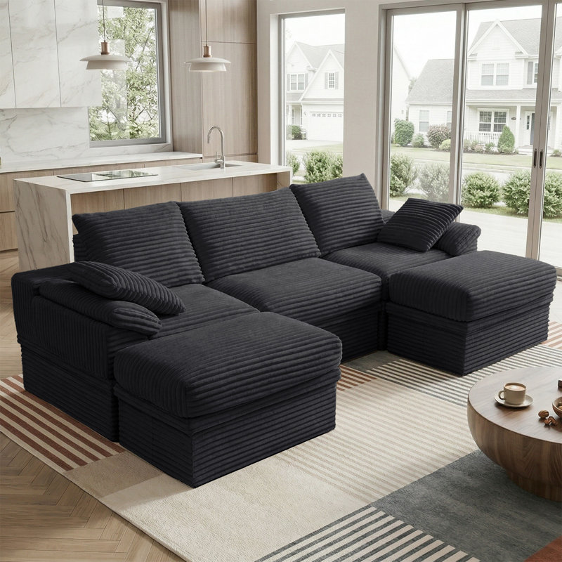 107" Cloud Modular Sectional Sofa, 5-Piece U Shaped Corner Couch with Hidden Storage and 2 Ottomans, Modern Minimalist Corduroy Upholstered Sofa for Living Room, Extra Deep Seat, Easy Assembly Required