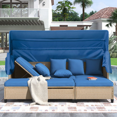  4-Piece UV-Proof Wicker Patio Sofa Set with Retractable Canopy, Cushions and Lifting Table, Blue