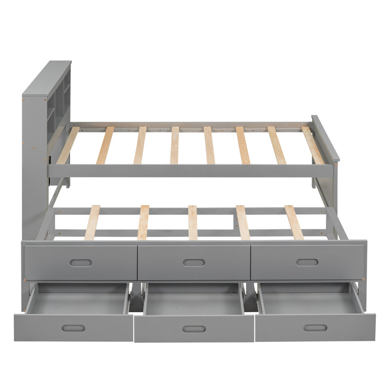  Lit plateforme simple avec tête de chargement USB, lit gigogne et tablettes de rangement ouvertes, gris, gris
