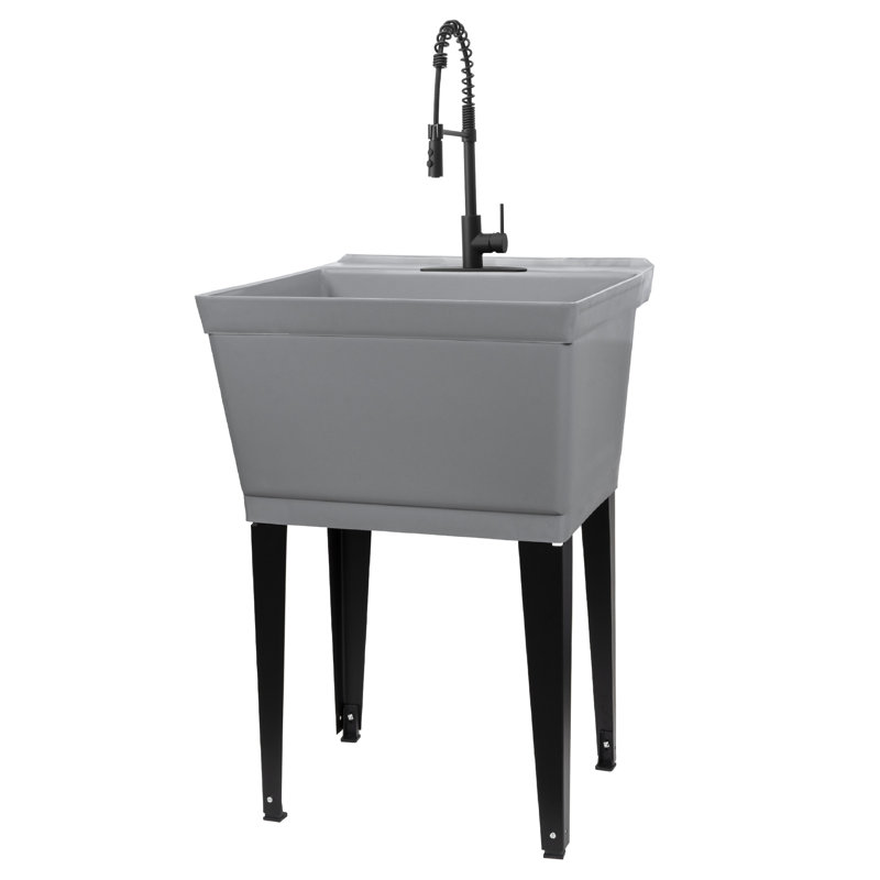 22.875 In. X 23.5 In. 19 Gallon Thermoplastic Utility Sink Set With High-Arc Coil Pull-Down Faucet, Black, Gray