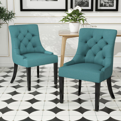 2 Contemporary Dining Chairs - , Sloped , Upholstered, Solid Wood Legs, Teal Color Of Modern Style, Back, Arms, Upholstered Fabric,