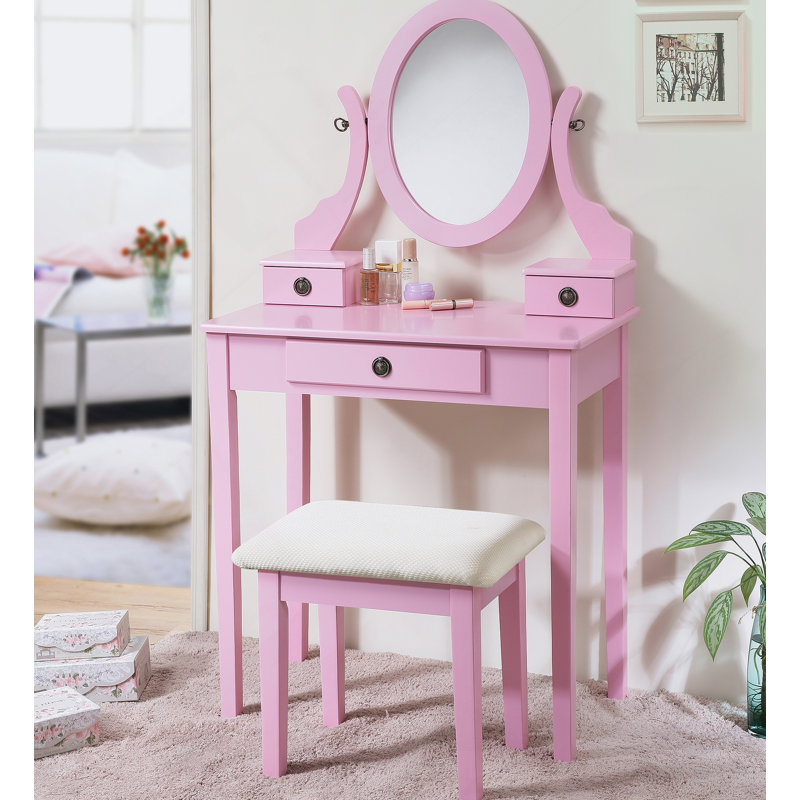 Wood Moniya Makeup Vanity Table And Stool Set, Pink
