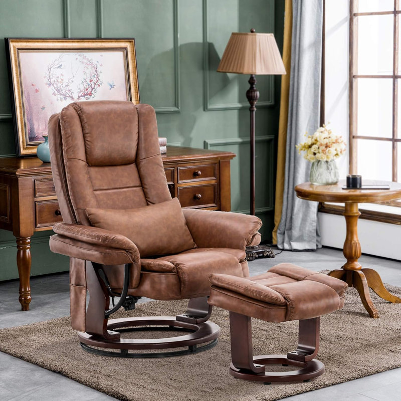 Jamillah  2Set Faux Leather Recliner with Massage Feature and Ottoman, 360 Degree Swivel, Removable Lumbar Pillow