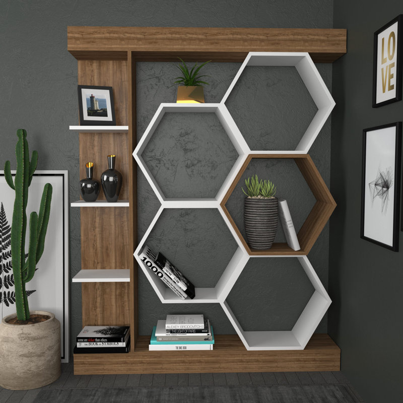 Modern Geometric Bookshelf, White & Walnut, 55.1 x 11.6 x 69.9 inches | 100% Melamine Coated Particle Board, Thickness: 0.7 inches | Stylish & Functional Storage Solution for Home or Office, Durable & Elegant Design