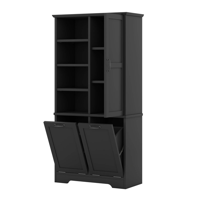 Armoire de rangement pour salle de bain avec panier à linge inclinable, tablettes réglables, Noir