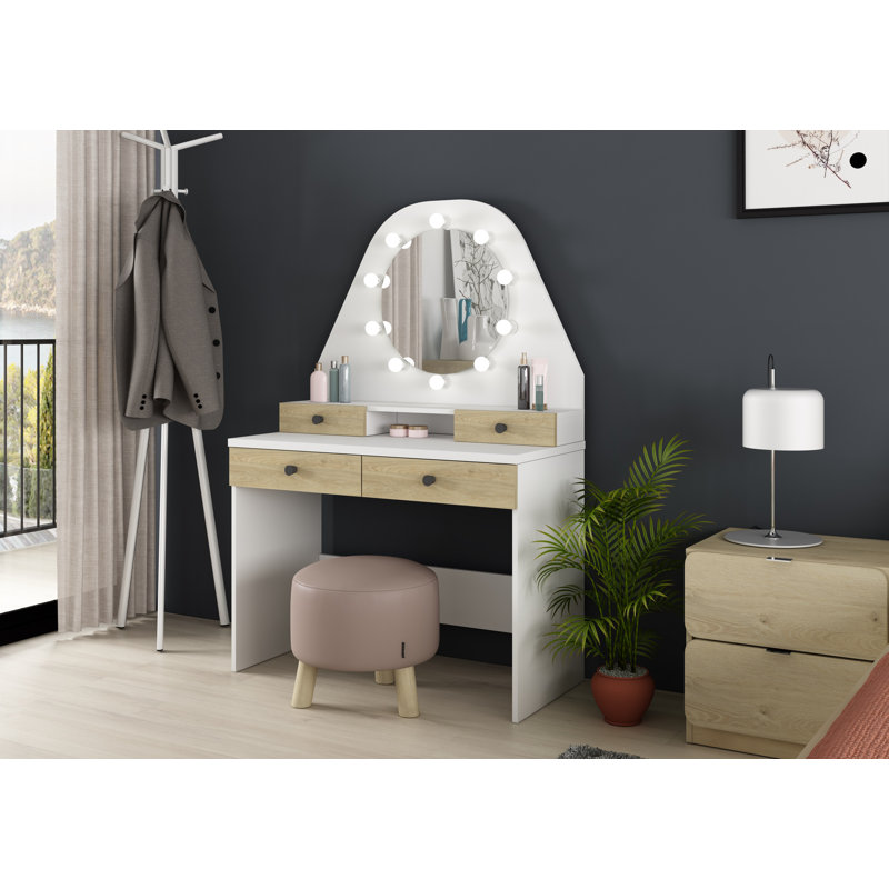 Coral Kids Vanity Table with Mirror, Oak/White